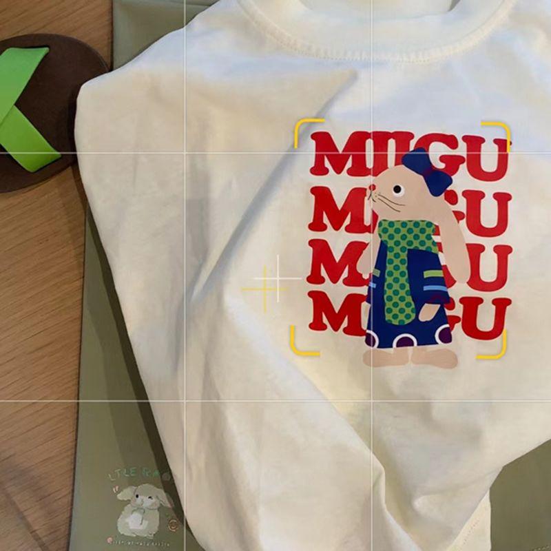 Product Introduction of Summer clothing new cotton short sleeved T-shirt for boys and girls, stylish cartoon bunny print, loose baby top for small and medium-sized children 23
