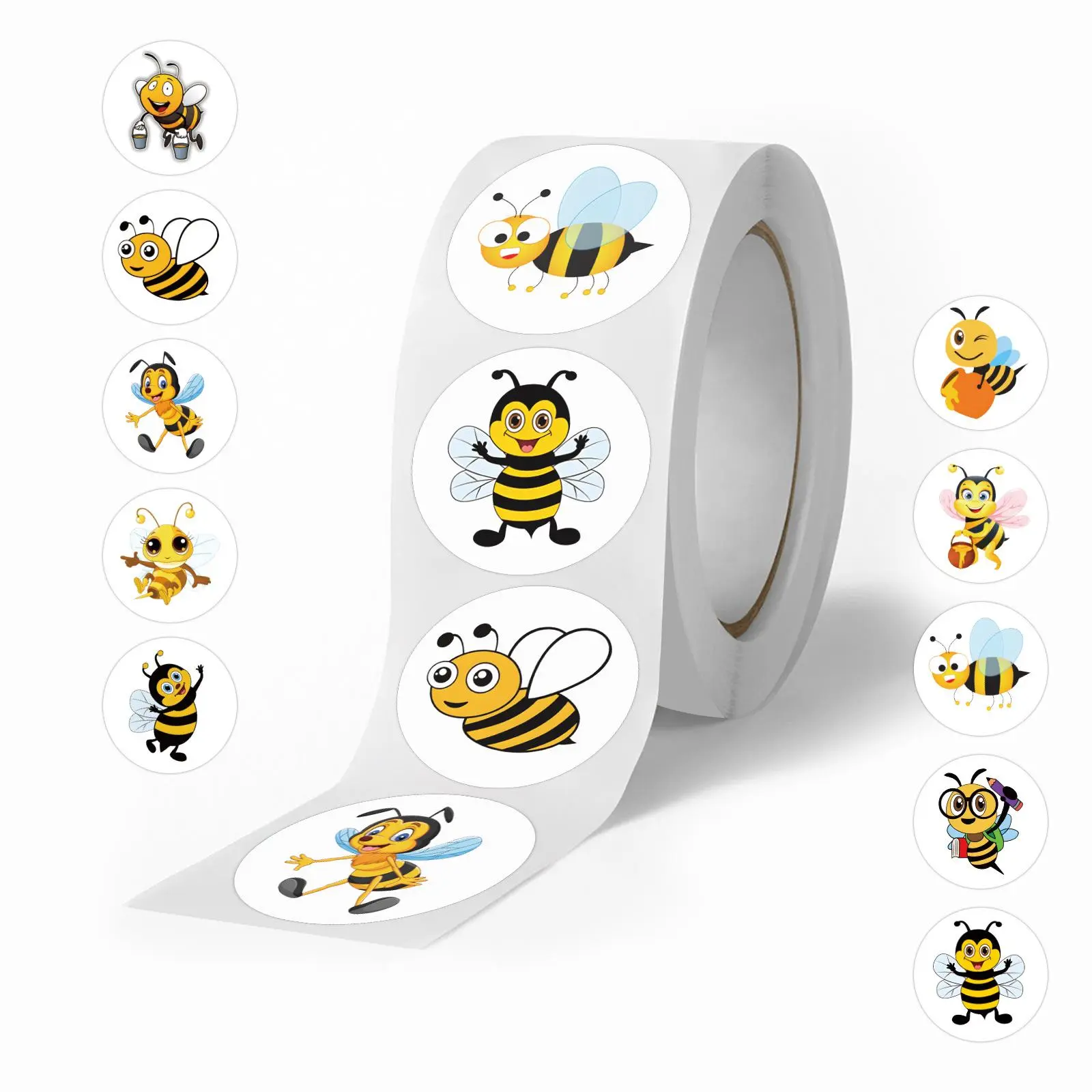 Cartoon Bee Pattern Sticker (500pcs/roll), Self-adhesive Colorful Stickers for Kindergarten Reward,  Waterproof Decals for Hand Account Scrapbook File Box Decor