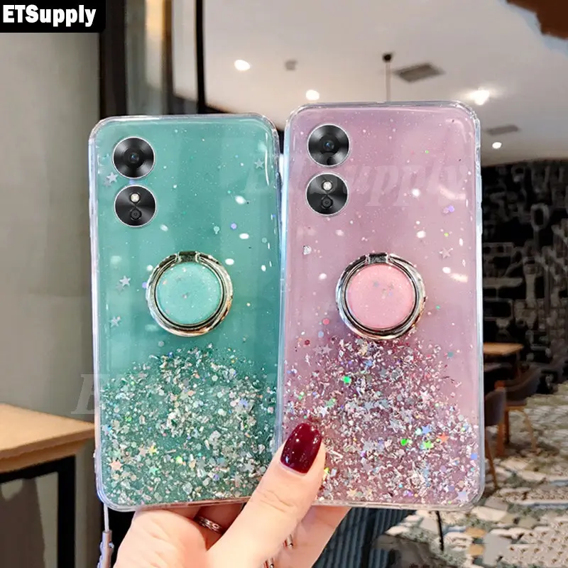 Case Oppo A17 A17K Clear Bening Motif Gliter Bling Bling Ring Standing Silikon Cover Casing Handphone 0