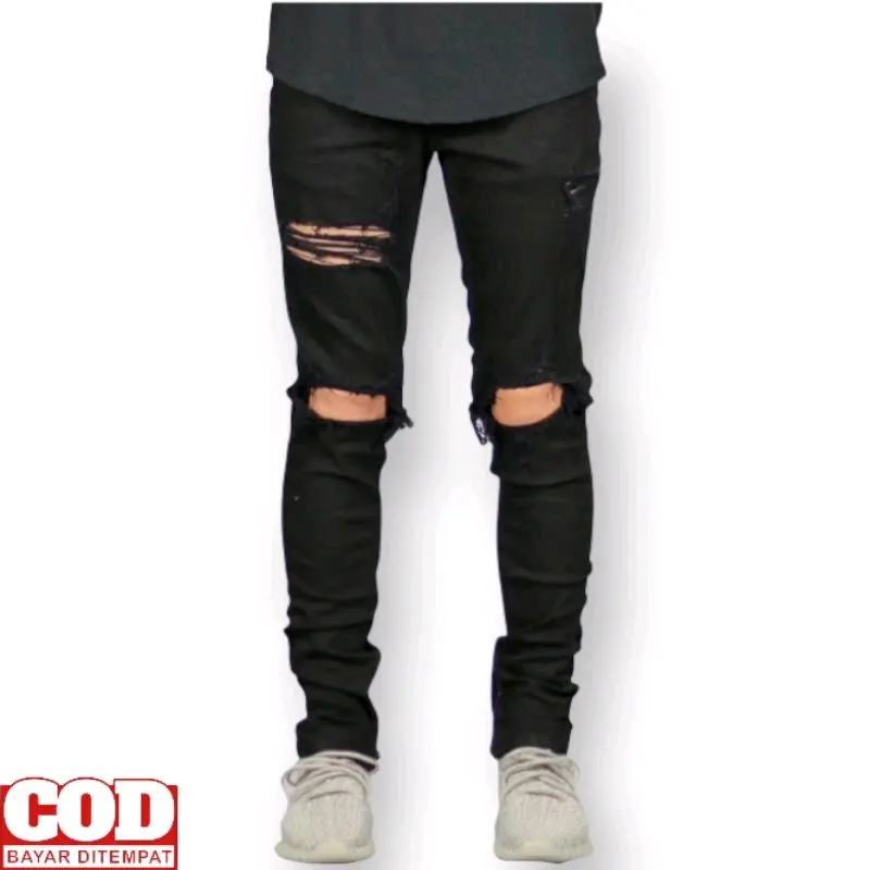 Celana Jeans Sobek Lutut Pria Skinny Sunmori Hitam Slim-fitting Lembut Panjang Ripped - Bahan Soft Jeans Halus Lembut Tebel Adem dan Nyaman Dipakai - Karet, Stretch