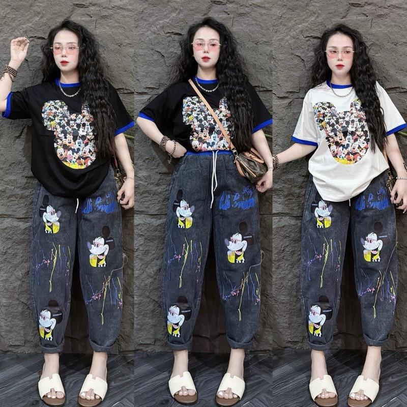  SÉT BỘ ÁO THUN COTTON IN HÌNH  mickii xanh  phối quần jeans baggy nữ lưng thun  in hình mikii chữ xanh  nữ - Tuhaodobo  47kg - 62kg  