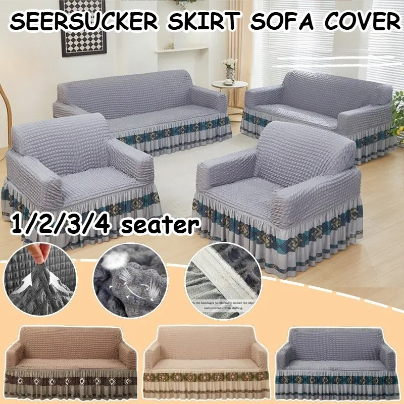1/2/3/4 Seater New Seersucker Skirt Sofa Cover Machine Washable Soft ...