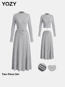 YOZY Two-Piece Set Women's Solid Long Sleeve Mock Neck Skinny Top & Elastic Waist Flared Skirt, Casual Fashion Cozy Outfits for Daily Outdoor Wear, Women Clothes for Spring Fall