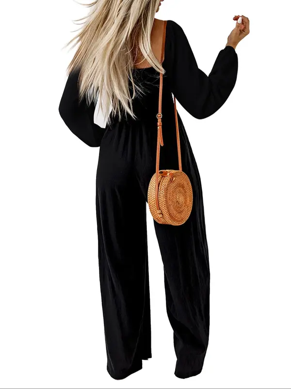 Women's Solid Shirred Bishop Sleeve Square Neck Jumpsuit, Casual Pocket Wide Leg Jumpsuit for Fall, Women's Jumpsuit for Daily Wear 1