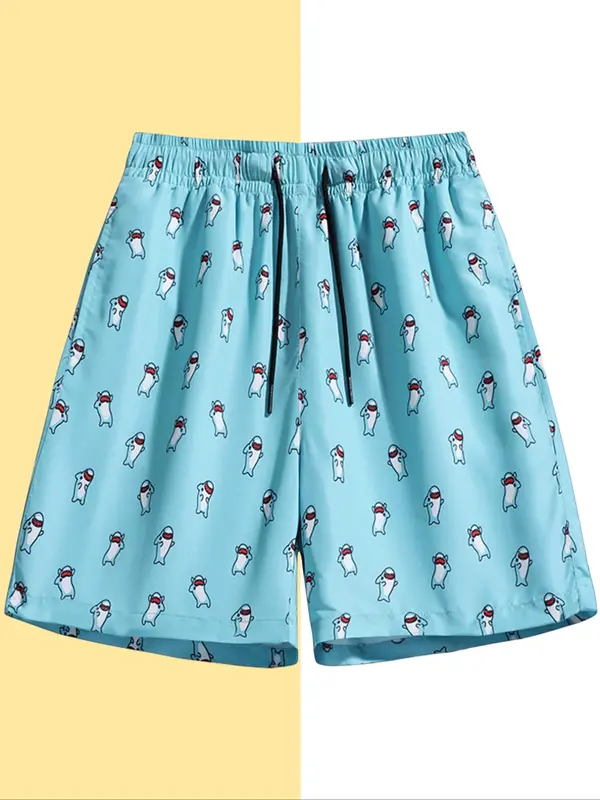 Men's Colorblock Cartoon Print Beach Shorts, Casual Elastic Waist Swim Shorts for Summer, Trendy Pool Gear & Family Beach Day Essentials 3