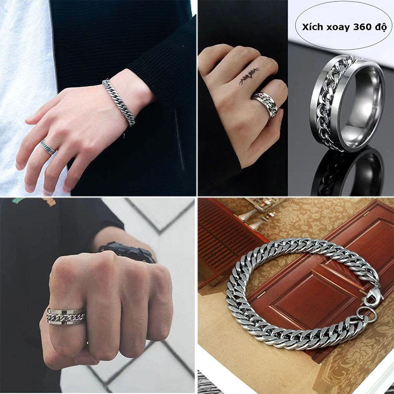 Combo V6 Lắc tay dây xích + nhẫn dây xích xoay cực chất