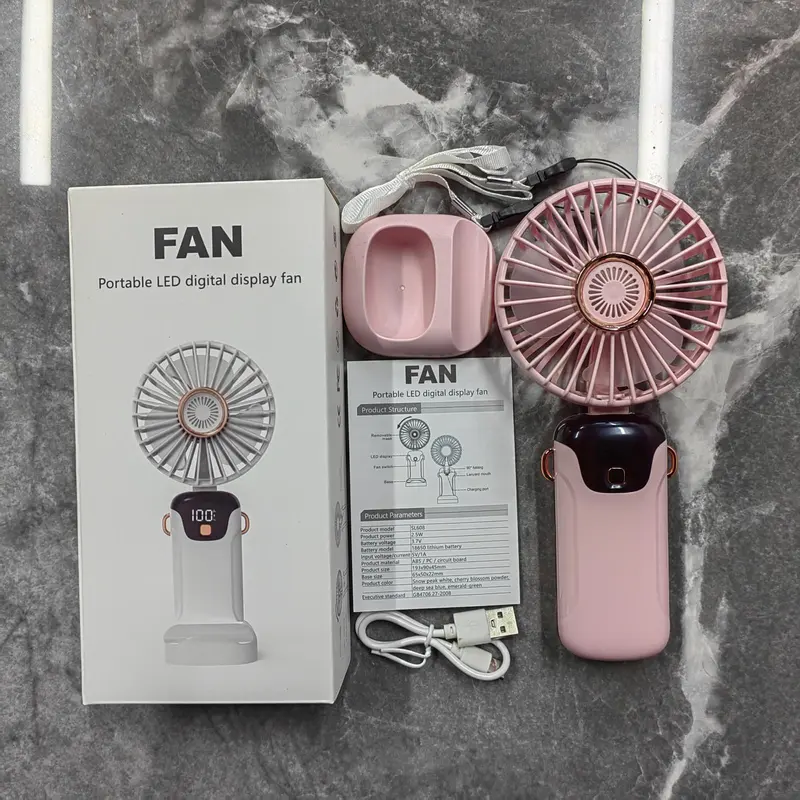 Portable Handheld Fan, USB Rechargeable Fan with LED Display, 90 °   Foldable Desk Fan with Base, 5 Speed Makeup Fan for Women 7