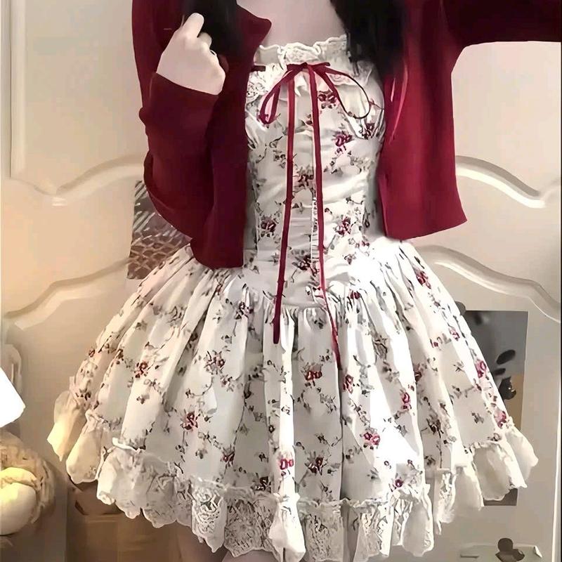 SÉT ĐẦM LỤA HOA KÈM ÁO KHOÁC THUN GÂN ĐỎ.( CÓ BO CHUN LƯNG. CÓ MÚ LÓT).2 màu trắng và vàng kem Top Women Kem Nữ xinh Nhung.