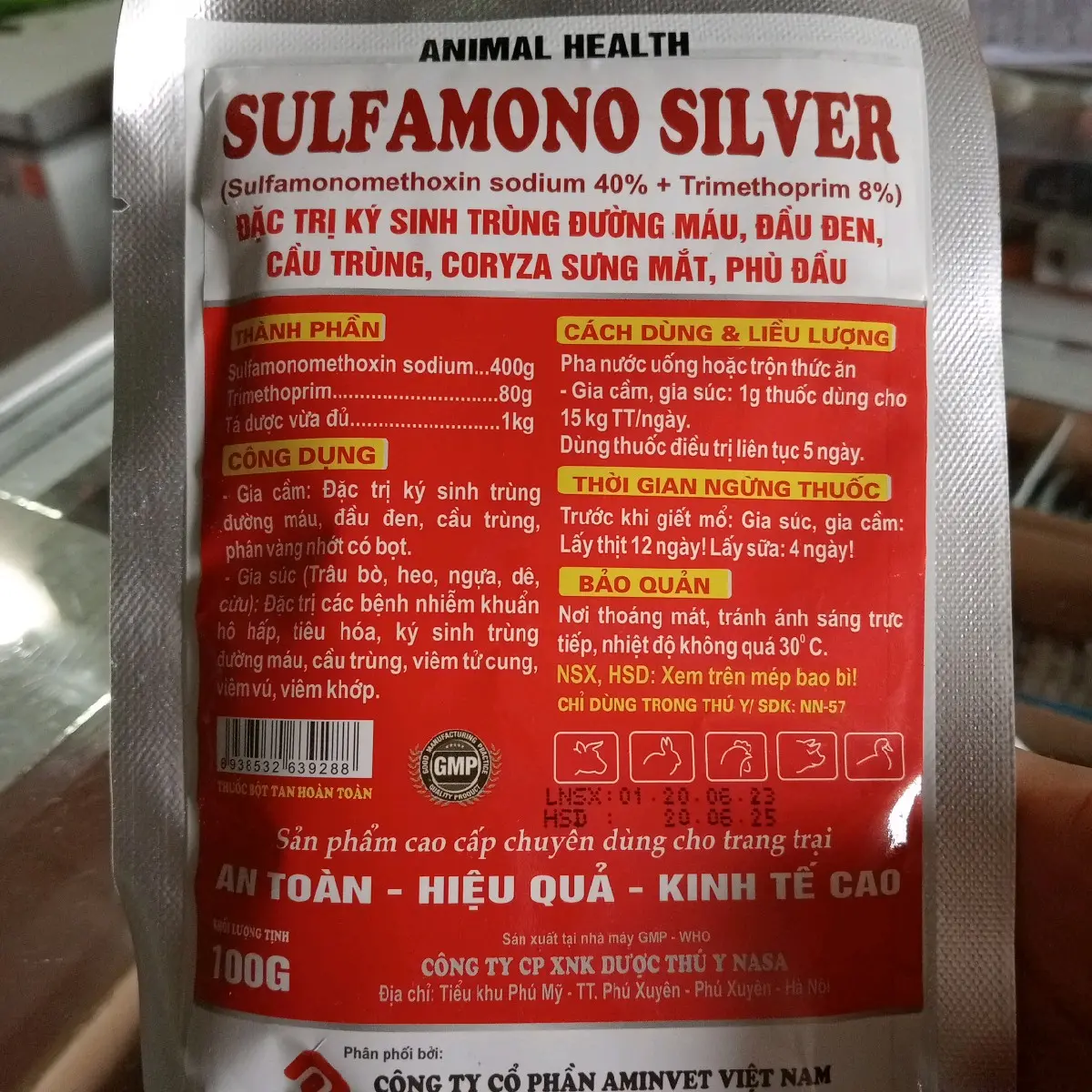 Sulfamono 10g, 100g kí sinh trùng máu, đầu đen, dạng bột cho gà, vịt, chim, cút