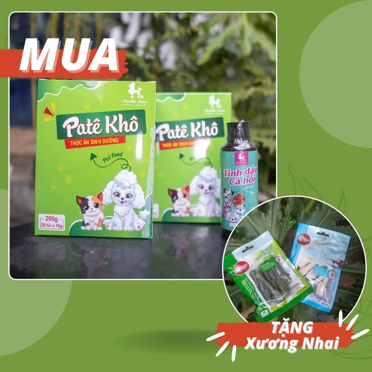 ComBo Ngon Bổ Rẻ POODLE TRAN (x2 hộp pate khô +1 tinh dầu cá hồi +2 gói xương nhai trắng răng) dành cho thú cưng
