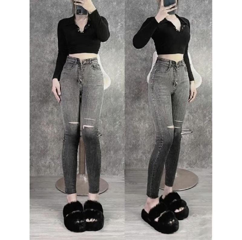 Quần jean loang khói rách cạp cao co giãn bốn chiều siêu hách dáng Ôm gọn Nữ Pants thông thường p