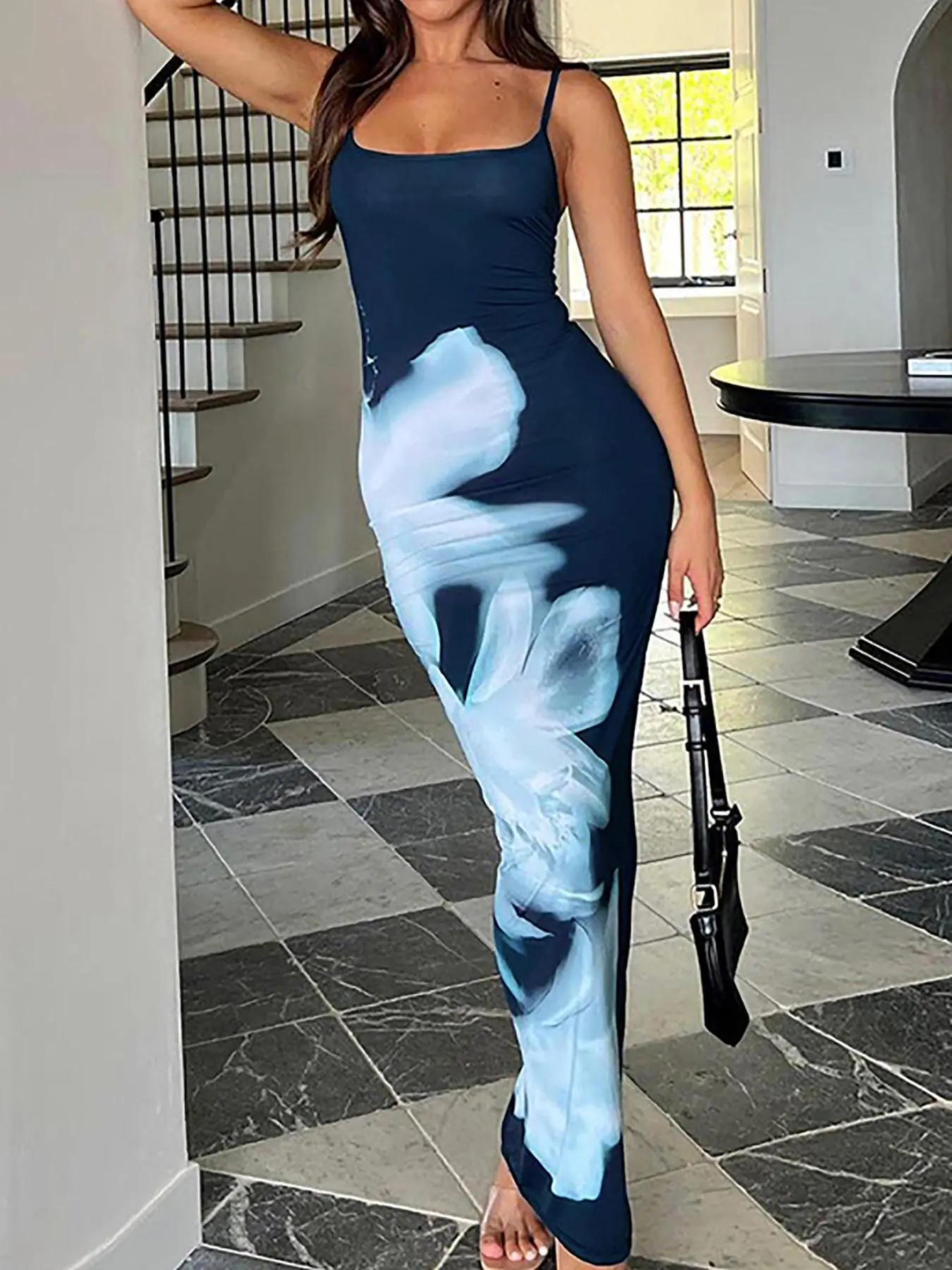 Women's Colorblock Print Cami Dress, Fashion Casual Sleeveless Spaghetti Strap Long Dress for Party Club Dating Wear, Ladies Dress for Summer