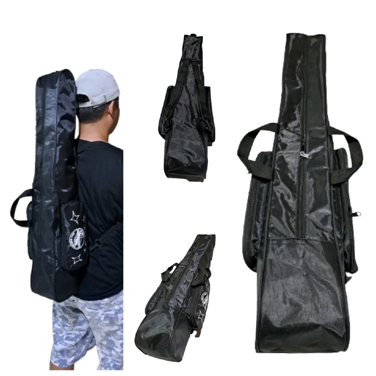 Tas Pancing Tegek Murah - Bahan 400D, Cocok untuk Joran Reel Kecil, Kapasitas 2-3 Set, Warna Abu List Hitam Ransel