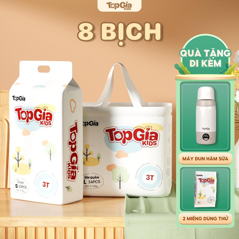 8 BỊCH (TẶNG QUÀ) Tã/Bỉm cho bé, bỉm TopGiaKids pH < 7 ngừa hăm, đai chun đệm mây mềm mại co dãn 4 chiều, thấm hút bề mặt khô thoáng size S đến XXXL cho bé từ 4-20kg kem (bỉm)