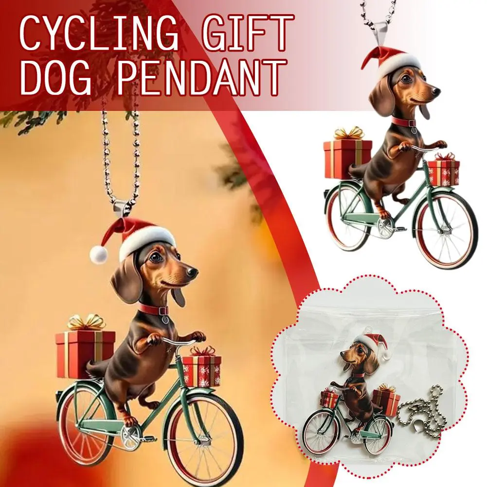 Christmas Chihuahua Dog Bicycle Pendant Acrylic Flat Ornaments Car Mirror Decoration Backpack Home Party Gift