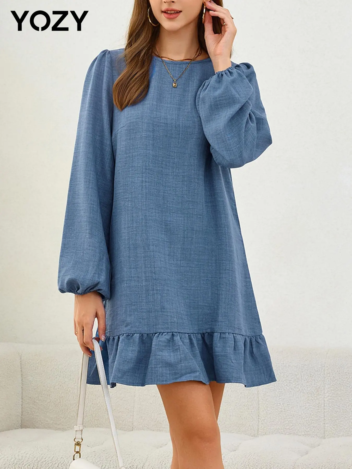 YOZY Women's Plain Bishop Sleeve Ruffle Hem Dress, Elegant Long Sleeve Keyhole Back Short Dress for Daily Outdoor Wear, Ladies Clothes for All Seasons