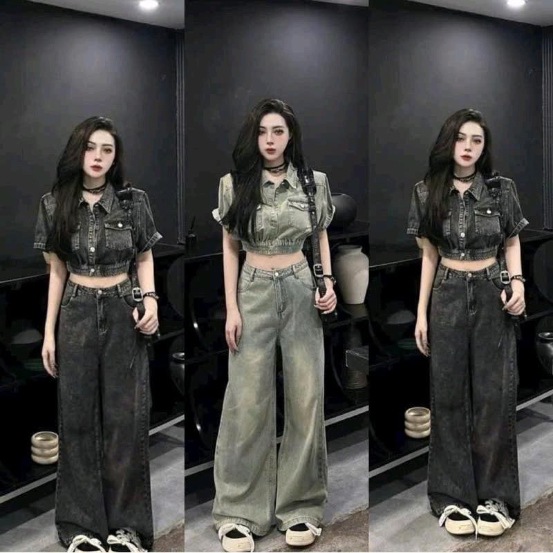 Set bộ Jean Quảng châu Nữ Áo Top croptop bochun nhún túi hộp cổ bẻ kiểu sơ mi có quy nút cài phối quần dài ống rộng dành cho tiểu thư cá tính mạnh mẽ mặc đi chơi dạo phố siêu xinh  Women