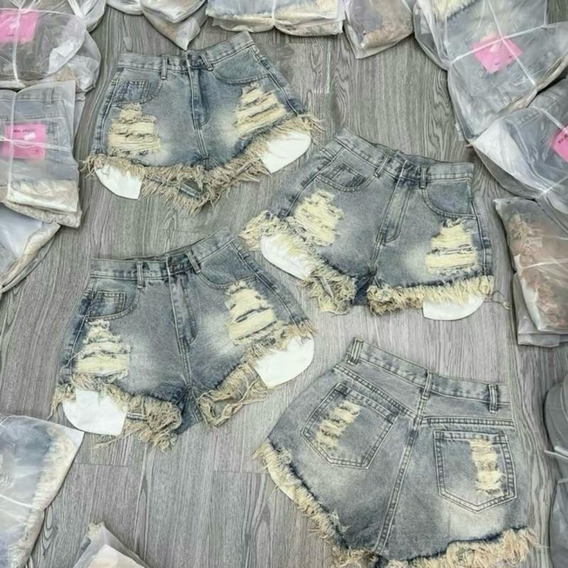 Quần shorts jean đùi nữ 2 màu Xanh Bụi rach kiểu 3 đường lộ túi vải lưng cao thời trang denim Women nữ_Sz SML 5