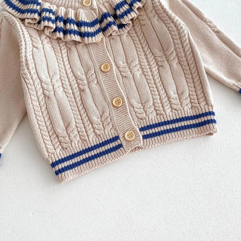 Product Introduction of Ins 2024 Autumn Baby Girls Knit Cardigan Sweater Lotus Collar Ruffle Line Collar Children Winter Solid Thicken Warm Knitwear Top 24