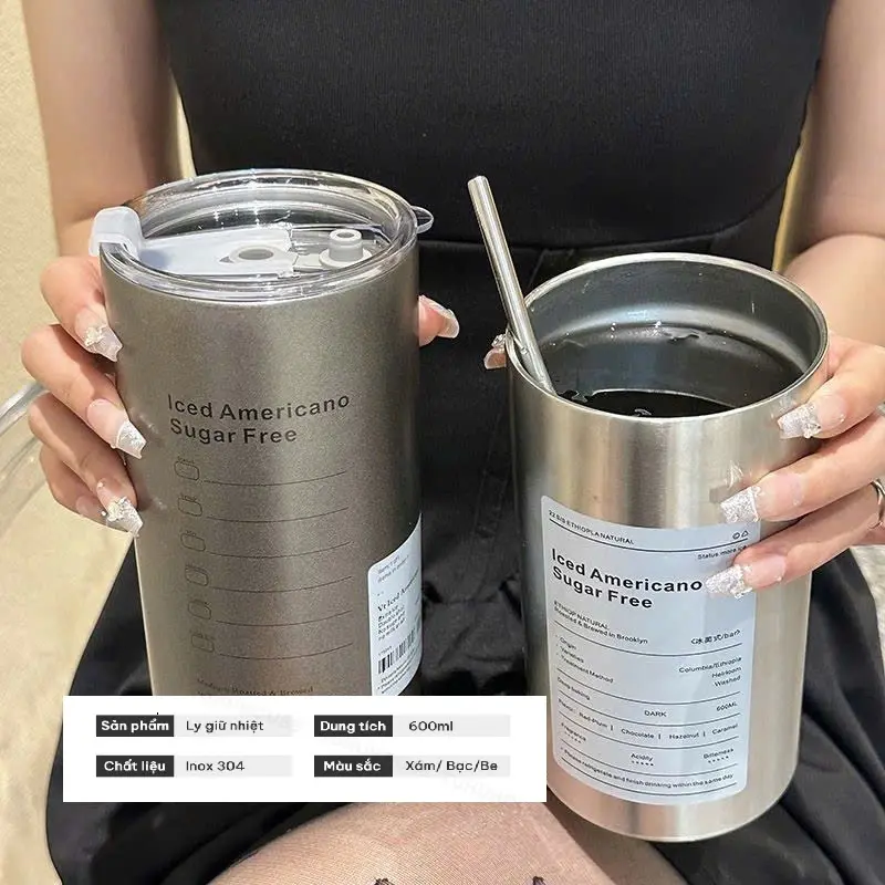Ly Giữ Nhiệt Iced Americano Chất Liệu Inox 304 Cao Cấp  600ml Nắp Chống Tràn, Tặng Ống Hút