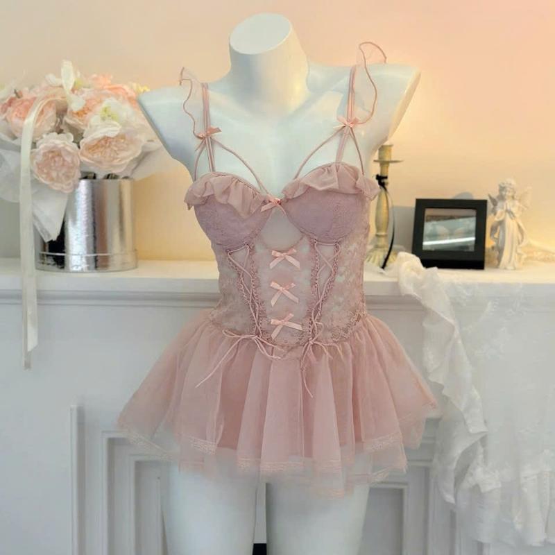 V41 Váy Ngủ Nữ Ren Mềm Co Dãn Dáng Xòe Ngắn Hở V3 Kèm Quần Chip Cao Cấp Phương Linh Underwear