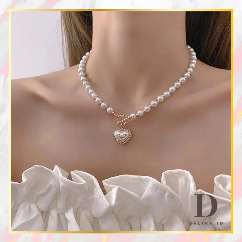 Kalung Mutiara Choker Liontin Hati Vintage Korea Mutiara