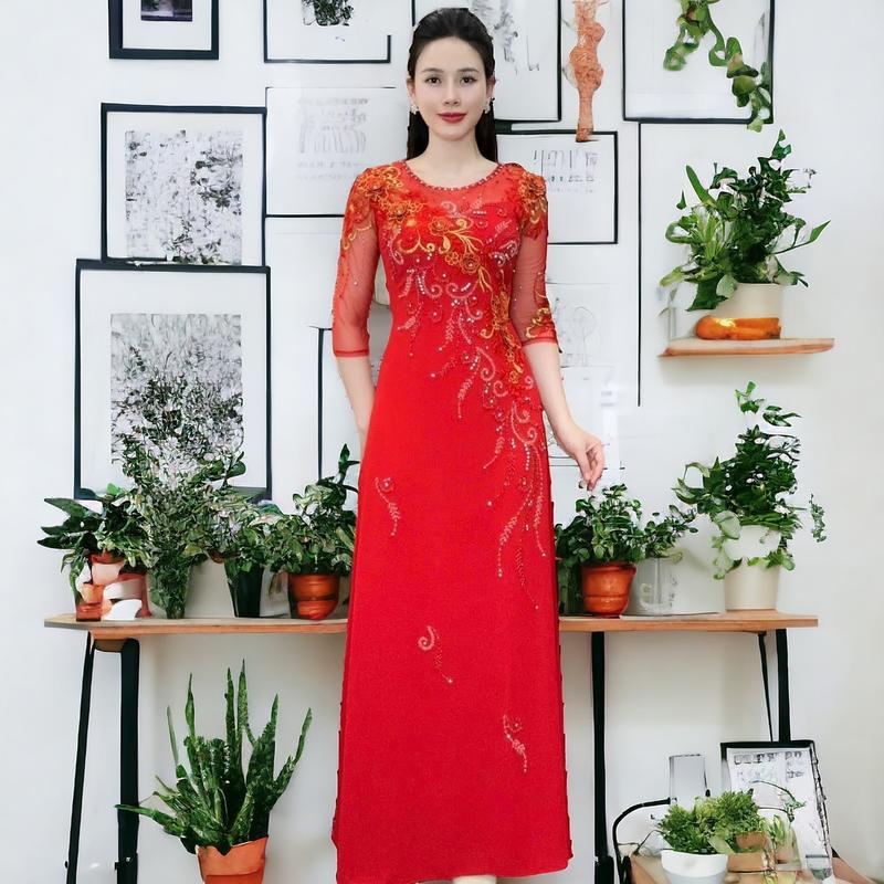 Áo dài dạ hội trung niên cao cấp mã AD86 Nữ Women a odai aodai mau jador dress ❧ ✪m☆ ♡ đỏ sang vàng 7