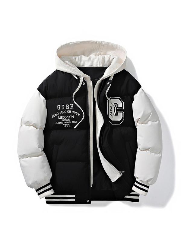 Men's Colorblock Letter Embroidery 2 in 1 Zip Up Hooded Jacket, Regular Fit Casual Pocket Drawstring Long Sleeve Outerwear for Fall & Winter, Men's Clothes for Daily Wear 0