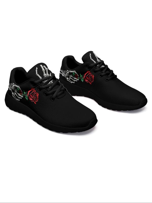 Women's Rose Skull Hand Bone Print Low Top Sneakers, Sports Running Shoes, Slip Resistant, Shock Absorbing, Breathable, Available in Large Size 4