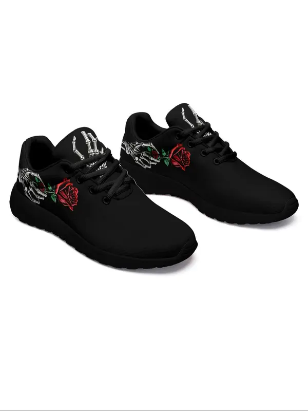 Women's Rose Skull Hand Bone Print Low Top Sneakers, Sports Running Shoes, Slip Resistant, Shock Absorbing, Breathable, Available in Large Size 3