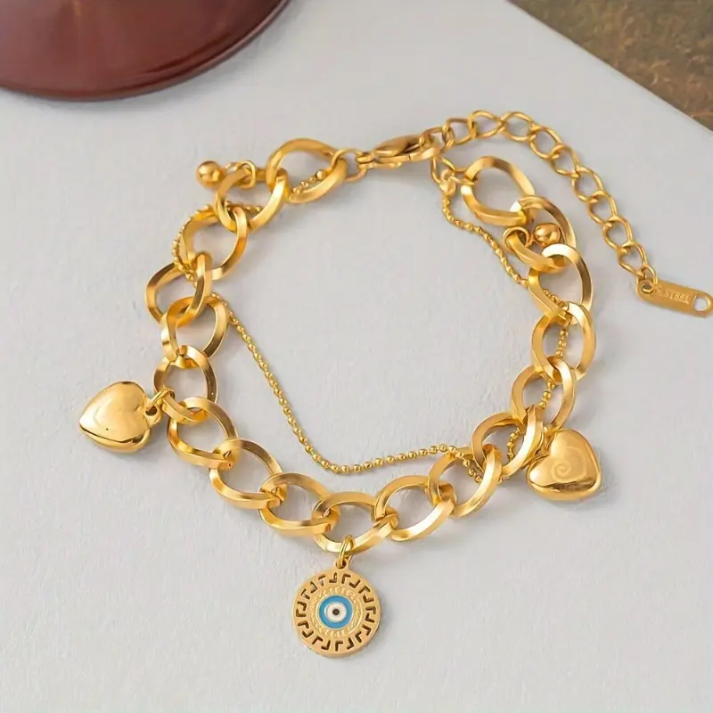 Elegant Golden-Tone Stainless Steel Bracelet with Heart Charms & Evil Eye Pendant - Vintage-Inspired, Design Perfect for Daily Wear & Gifting, Charm Bracelet 2