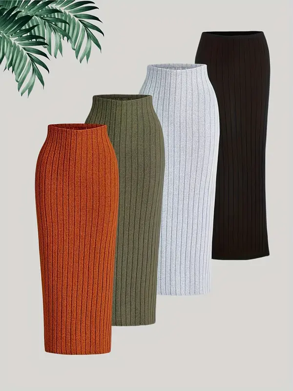Women's Solid Ribbed Skinny Skirt, Elegant Fashion Casual Long Skirt for Daily Outdoor Wear, Women Knitwear for Fall & Winter 6
