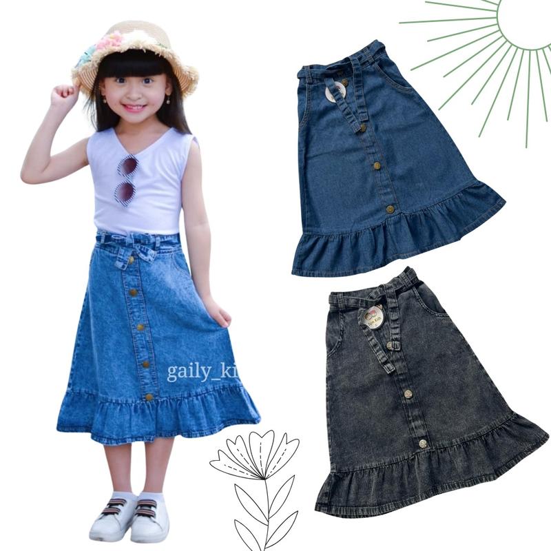 Rok Jeans Rempel Anak Perempuan Polos Fashion 0