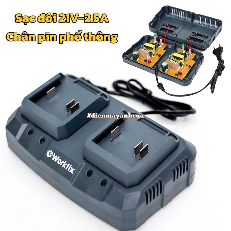 Sạc đôi 21v 2.5A Workfix, chân phổ thông, tự ngắt khi đầy, bh 12 tháng
