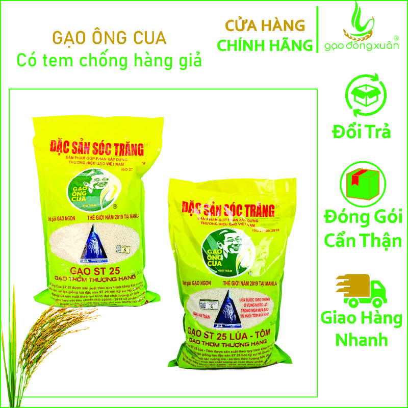 10kg Gạo ST25 Ông Cua lúa tôm hoặc lúa thượng hạng hàng chính hãng, vụ mới, công ty Đông Xuân phân phối, 10kg gồm 2 túi 5kg. luatom