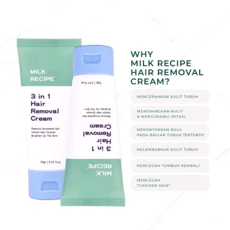 Milk Recipe 3 in 1 Hair Removal Cream krim perontok penghilang bulu tangan kaki ketiak tanpa waxing Organik Niacinamide 3