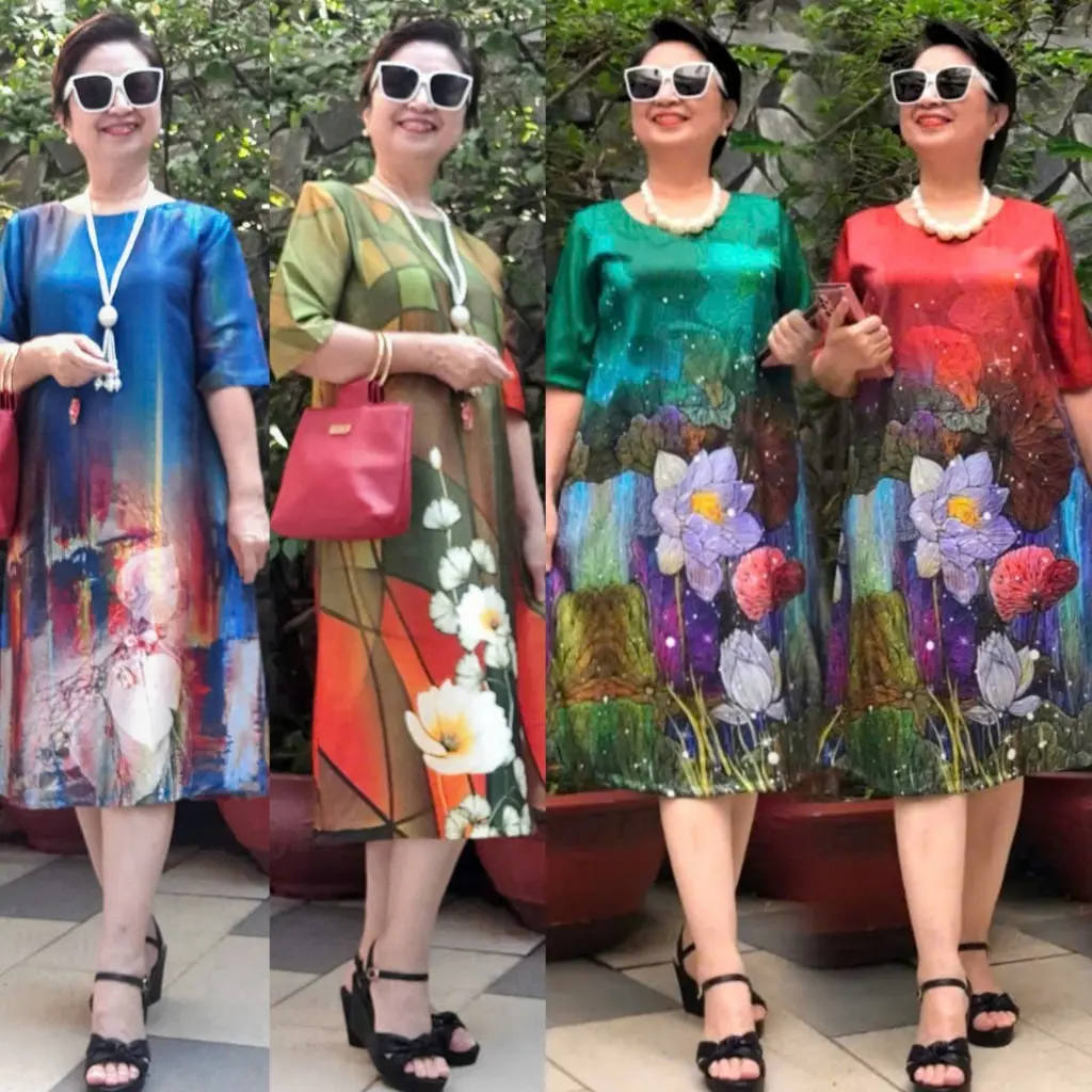 Váy Đầm Trung Niên form Suông A Che Bụng - Vải Lụa Cao Cấp In 3D Sang Trọng, 2 Túi, Dây Kéo Tốt, Size từ 48kg đến 90kg.