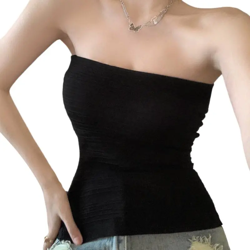 Women Fashion Tube Tops Solid Color Boat Neck Strapless Tank Tops Summer Backless Bandeau Shirts