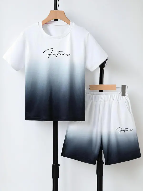 Boy's Ombre Letter Print Short Sleeve T-shirt Tee & Elastic Waist Shorts Set, Summer Outfits 2024, Summer Sets, Kids Clothing, Comfort Cozy Casual Summer Outfits Clothes for Kids, Festival Outfit 2024 0