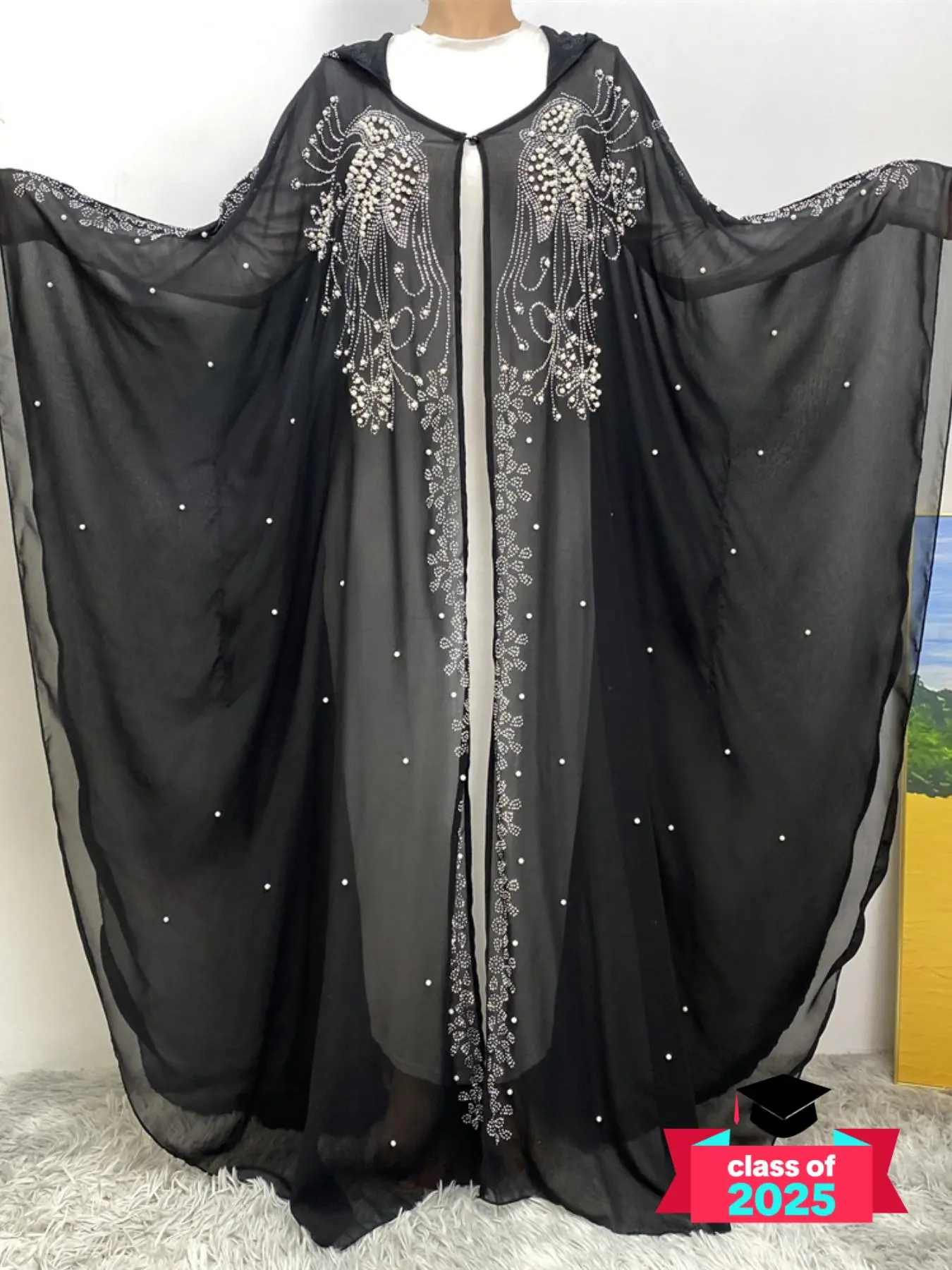 Modesty Faux Pearl Decor Contrast Sequin Batwing Sleeve Semi Sheer Hooded Abaya without Inner Dress, Button Front Split Sleeve Chiffon Abaya