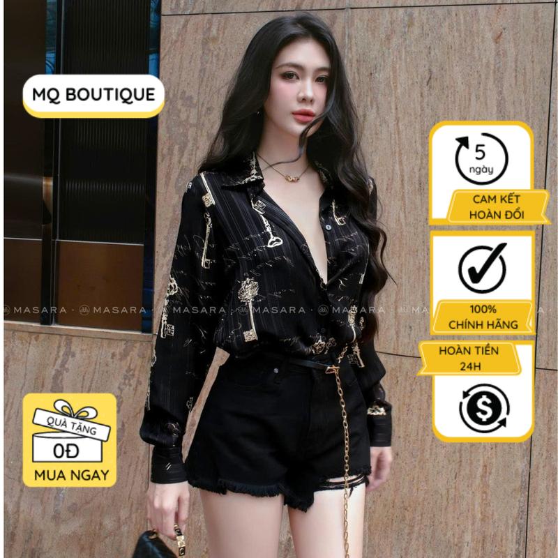 Sơ mi tơ nữ tay dài thiết kế MQ Boutique sọc dệt nhũ cao cấp công sở áo sơ mi họa tiết hoa khóa to đen trắng