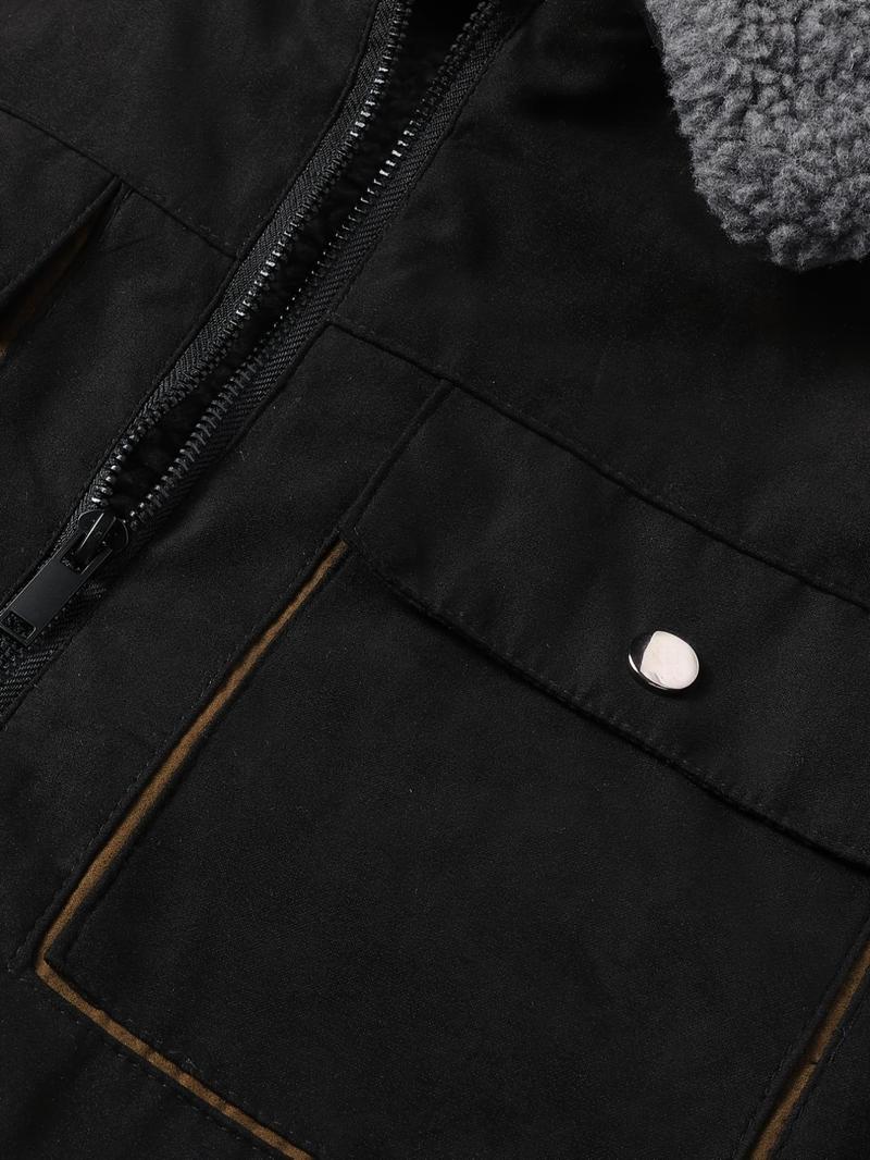 Product Introduction of Men's Regular Fit Solid Pocket Zipper Thermal Lined Jacket, Casual Long Sleeve Collared Outerwear for Fall & Winter, Men's Clothes for Daily Wear 6