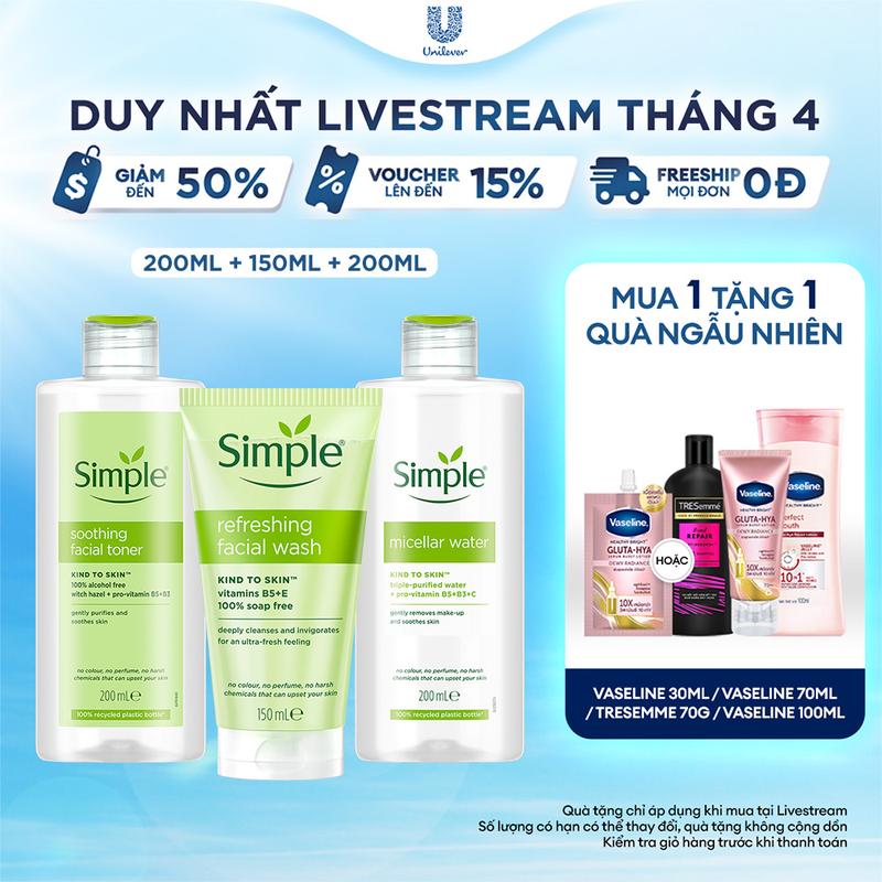 Combo 3 Skincare Simple Nước Tẩy Trang 200ml Sạch Sâu Ẩm Mịn + Sữa Rửa Mặt Lành Tính Sạch Thoáng 150ml + Nước Hoa Hồng Làm Dịu & Cân Bằng Da 200ml - Dành Cho Da Nhạy Cảm [1]