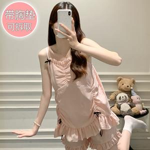 Set Piyama Kapas, Seperti Awan, dengan Bra dan Seluar Pendek Terbina dalam, Gaya Puteri Manis, Pakaian Tidur Musim Panas untuk Remaja, Pakaian Ruang Tidur Rumah dan Pakaian Kasual Luaran, Bernafas, Pakaian 2 Helai