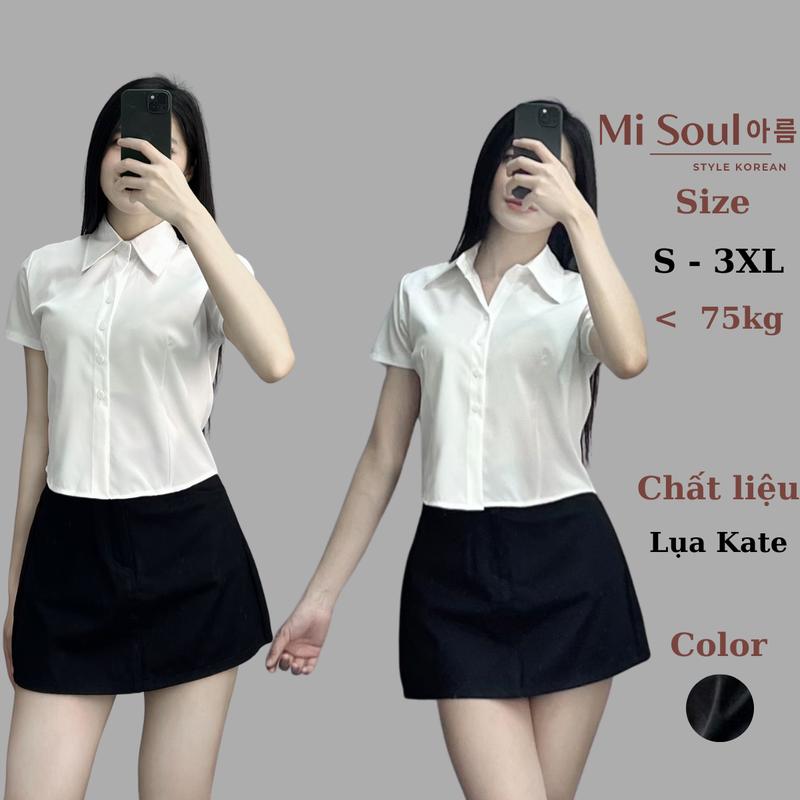 Áo Sơ Mi Croptop Tay Ngắn Misoul Áo Sơ Mi Trắng Tay Ngắn Chất Liệu Kate Lụa BigSize 1183 Shirt Nữ Women Cổ Tròn Dáng Ngắn Dáng Ngắn