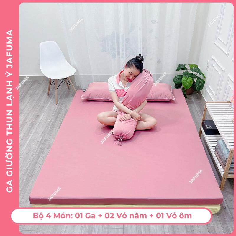 Bộ Ga Giường 4 Món Thun Lạnh Ý Jafuma, Bộ Drap Ra Nệm Bo chun Cao Cấp, Thoáng Mát, Mềm Mịn, Bền Bỉ cho nệm từ 3cm đến 30cm