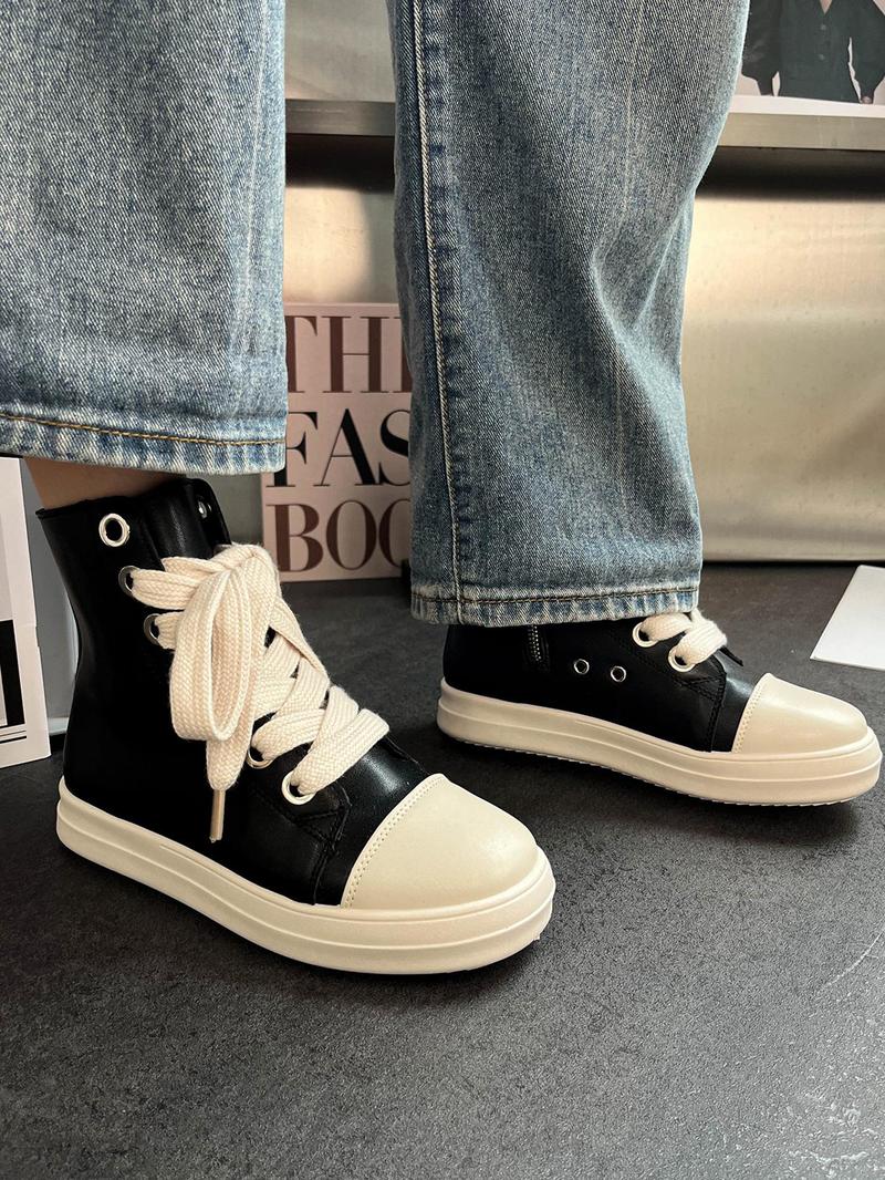 Product Introduction of Fashionable Colorblock High Top Lace Up Sneakers, Casual Comfortable Round Toe Shoes for Daily Wear, Female All-match Shoes for Daily Wear 6