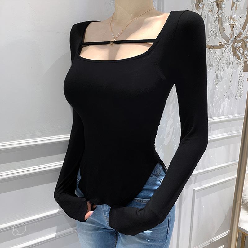 Áo thun giấy dài tay nữ, cổ vuông đuôi tôm from ôm free size dưới 50kg - 2347-trieuduong07 Top