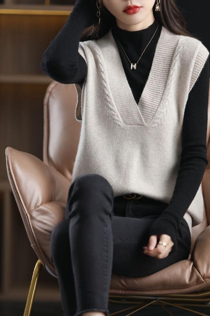Product Introduction of Áo Vest Dệt Kim Cho Nữ, Hàng Mới Về Mùa Xuân Và Mùa Thu, Phong Cách Hàn Quốc, Cổ Chữ V, Không Tay, Áo Len, Ngắn, Màu Trơn Áo Ghi Lê Áo Bên Trong Và Bên Ngoài 3