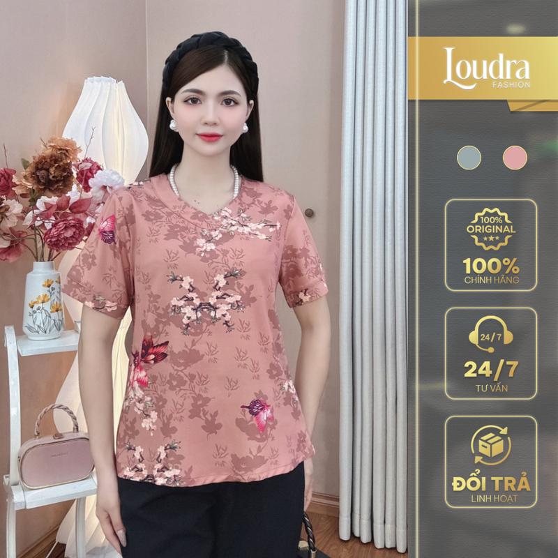  A6 Áo lụa nữ trung niên cho mẹ Loudra Fashion mềm mại cộc tay hoạ tiết thanh lịch sang trọng dễ phối đồ A06 Top Women Hồng 